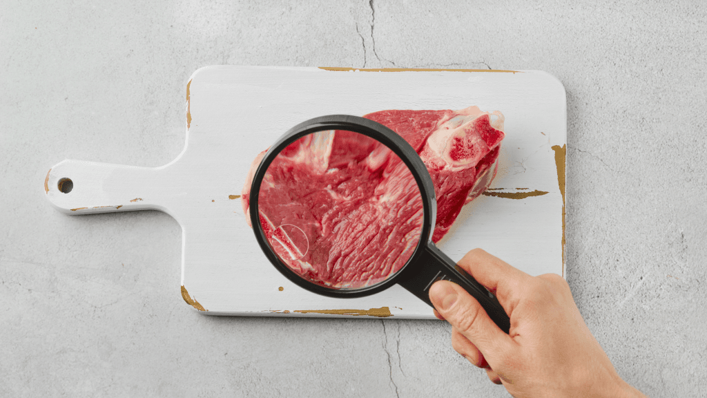 mięso hodowane komórkowo, kawałek mięsa pod lupą